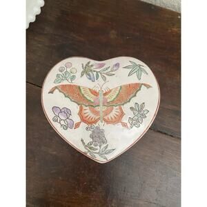 Vintage Porcelain Heart Shaped Butterfly Floral Lidded Trinket Jewelry Box